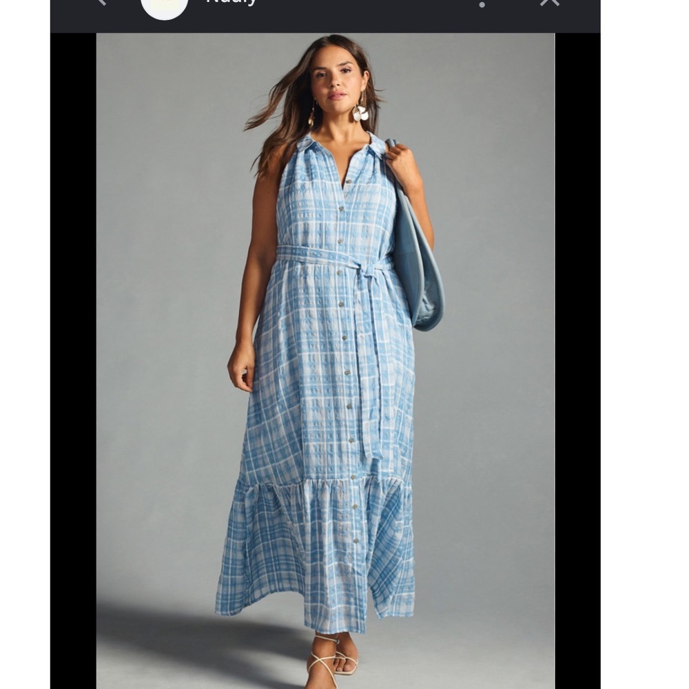By Anthropologie Sleeveless Buttondown Shirt Dress Blue Plaid Maxi Size Small